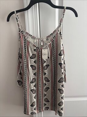 Cato Cream Paisley-Striped Cold Shoulder Cami with Pink & Black Accents
